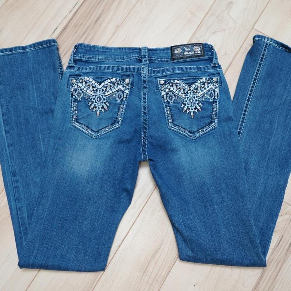 Grace in LA Easy Fit Bootcut Jeans Aztec Embroidered Pockets Western Boho 27